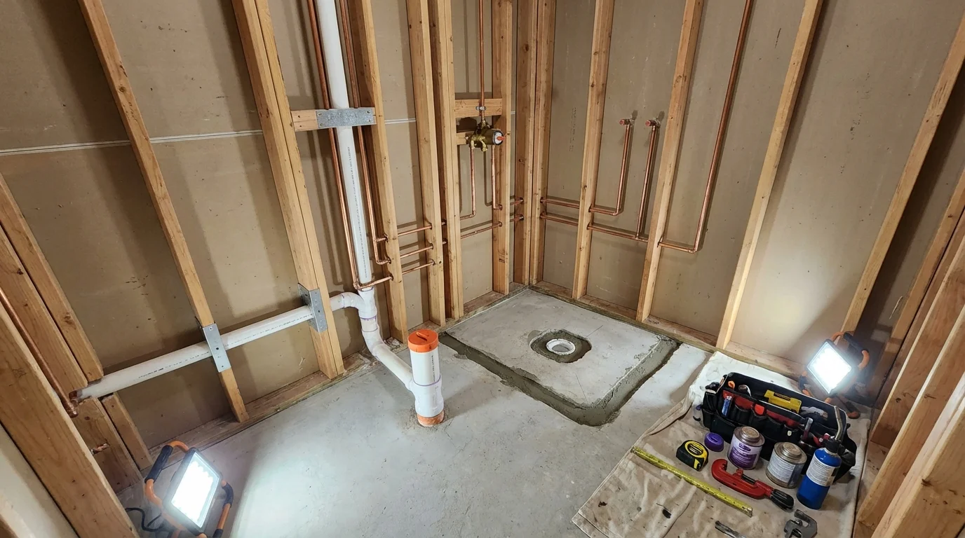 Bathroom rough-in plumbing during remodel by Johns Plumbing LLC in Hallstead